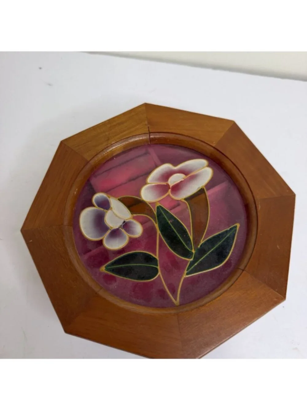 Vintage Mele Octagonal Wood w/ Pink Stained Glass Floral Lid Wooden Jewelry Box